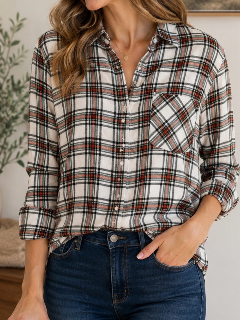 NWT Market & Spruce Plaid Button Up Shirt Size M 100% Rayon